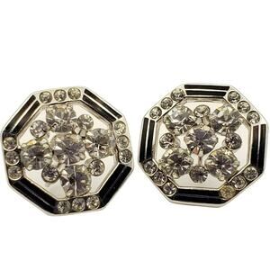 Black Octagon Rhinestone Earrings Screw Back Vintage 1960s Enamel Silver Tone